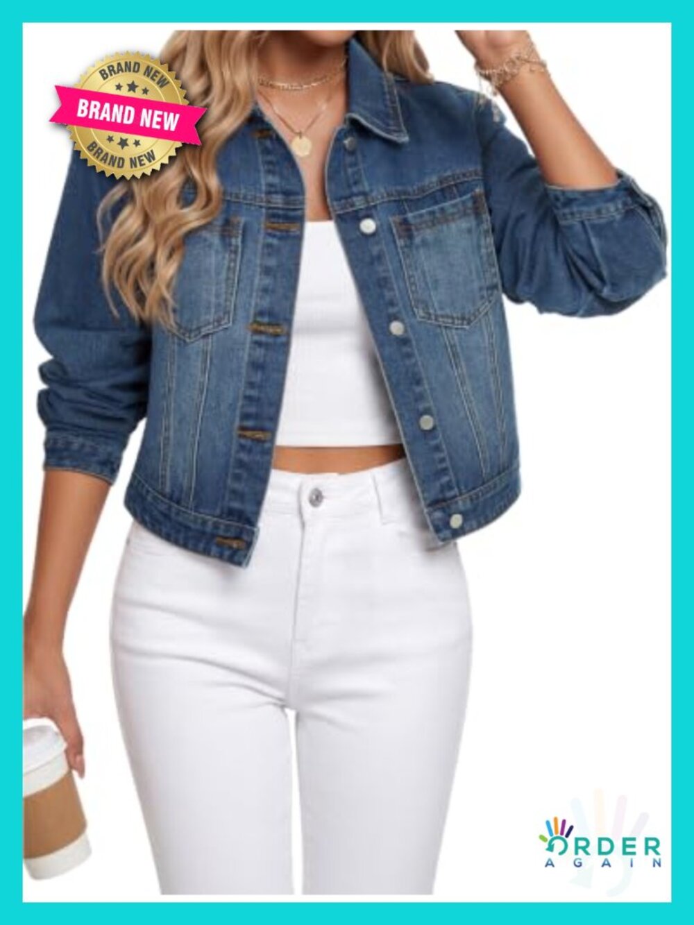 Cropped Denim Jacket Button Down Long Sleeve Cotton Blend - Women's Casual Jean